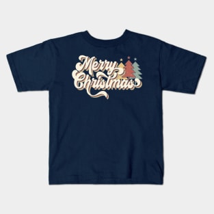 Retro Vintage 70s Merry Christmas Trees Typography Kids T-Shirt